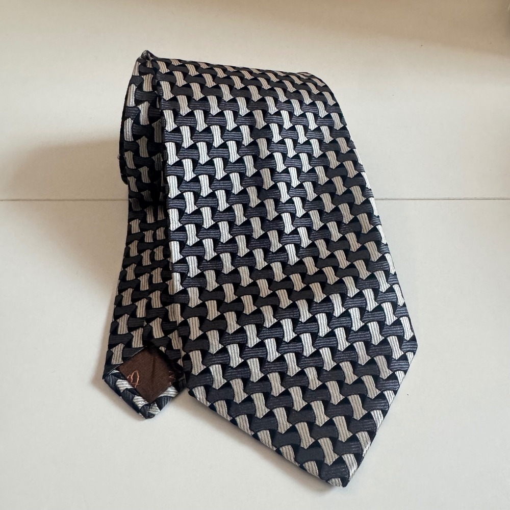 Pierre Balmain Couture Silk Tie Black Silver Grey Geometric Basketweave Mens